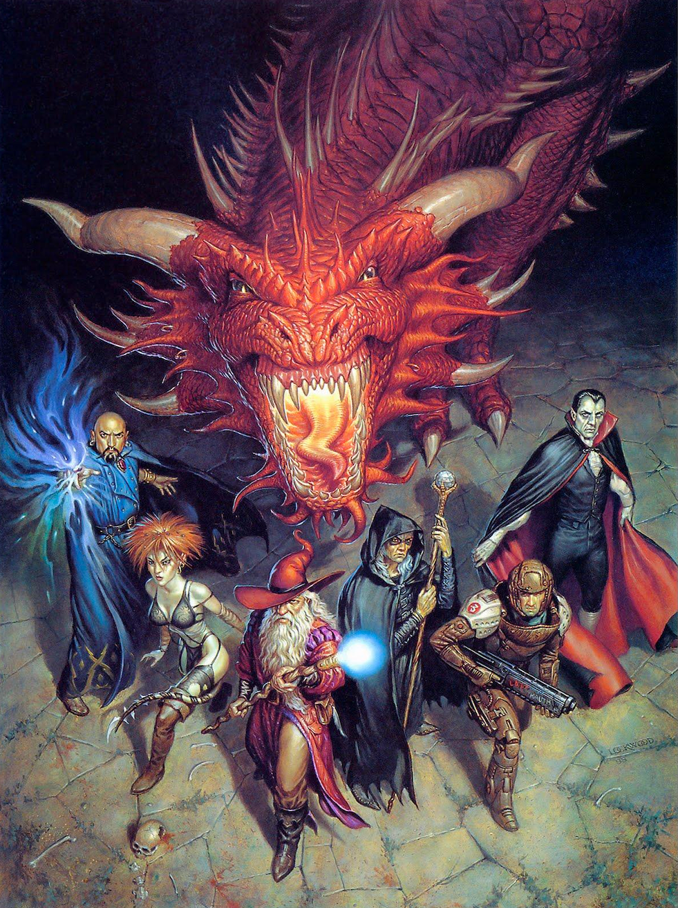 classic dungeons and dragons characters and a dragon in the backdrop